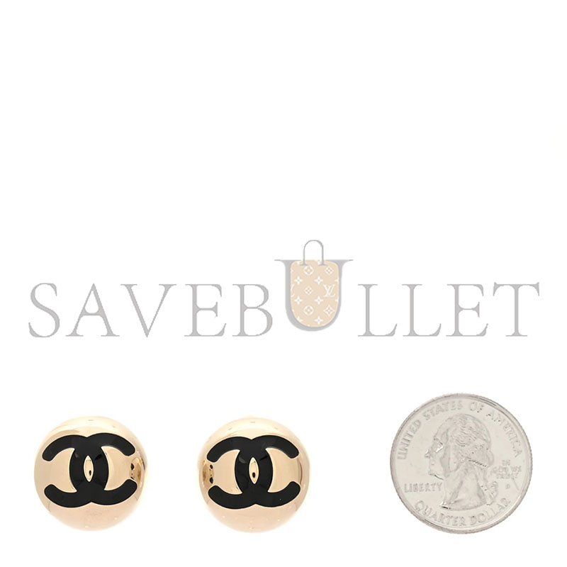Ch**el metal enamel cc round dome earrings gold black